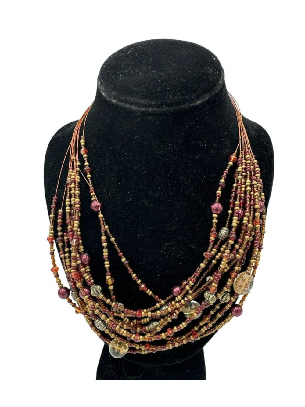 Seed Bead Necklace Brown Multistrand Wire Glass Beads Fairy Chunky Statement